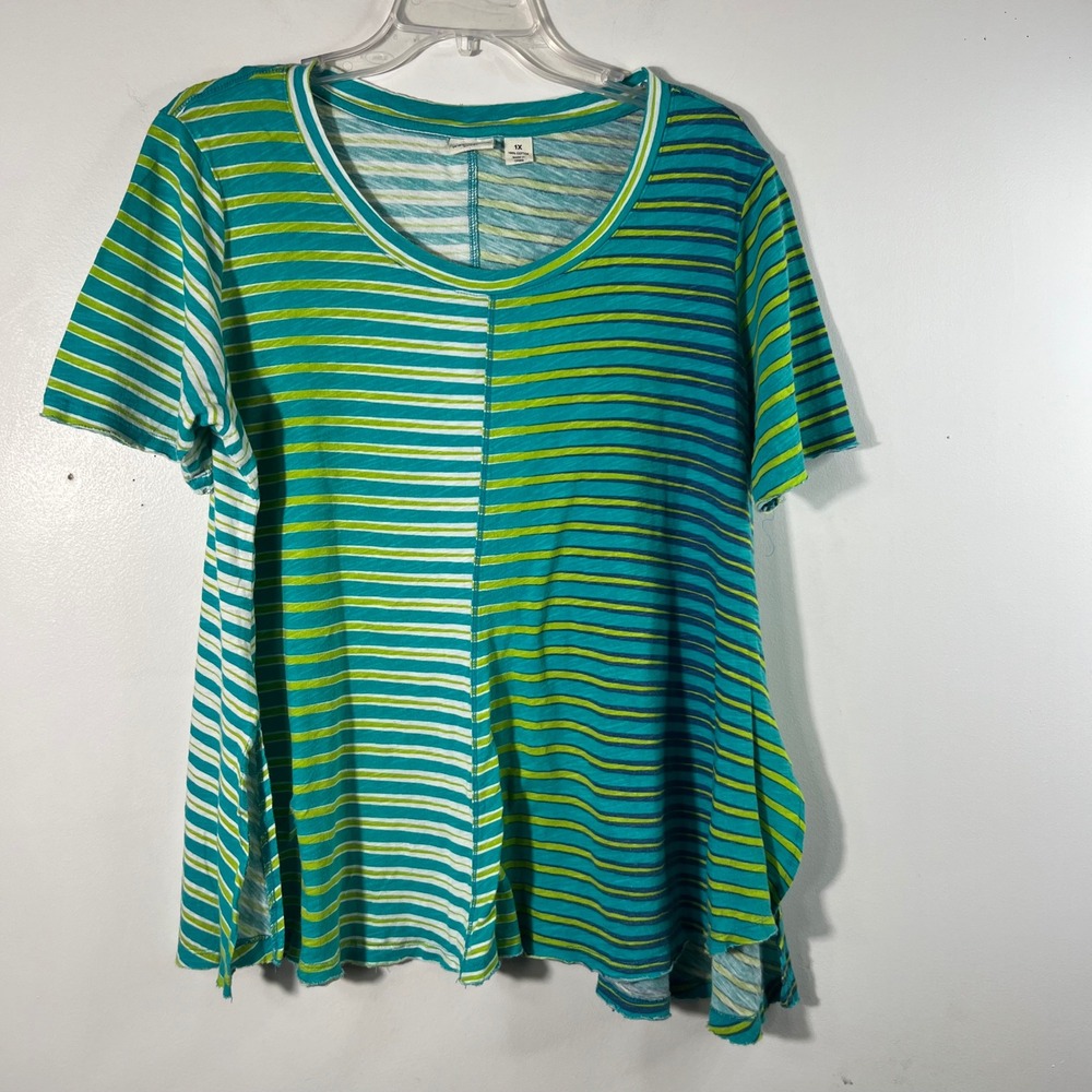 Womens Westbound Striped Lagenlook Tee Shirt Shrt Sleeve 1X‎ Green Raw Hem
